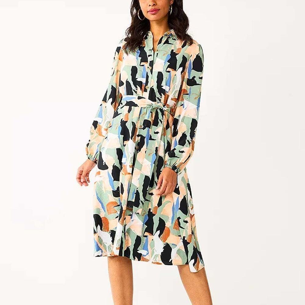 Abstract Print Long Sleeve Shirt Dress - Multi